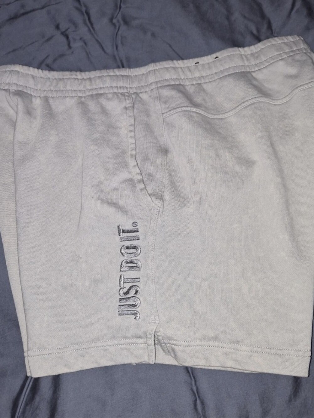 Nike Men's Light Gray Athletic Shorts with Vertical JUST DO IT. Logo